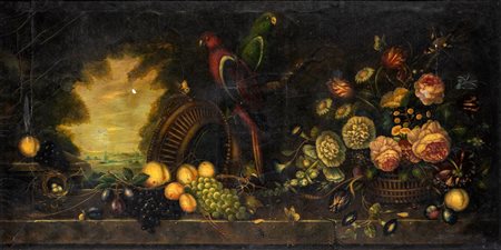 Pittore del XIX secolo - Natura morta di fiori e frutta con paesaggio in...