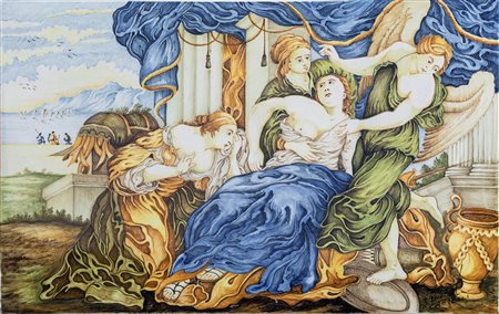 Placca in maiolica, Castelli, XX secolo - raffigurante scena mitica...