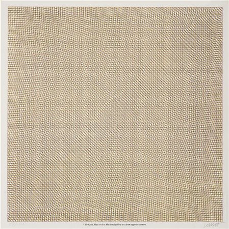 Sol LeWitt "Red grid, blue circles, black and yellow arcs from opposite corners"