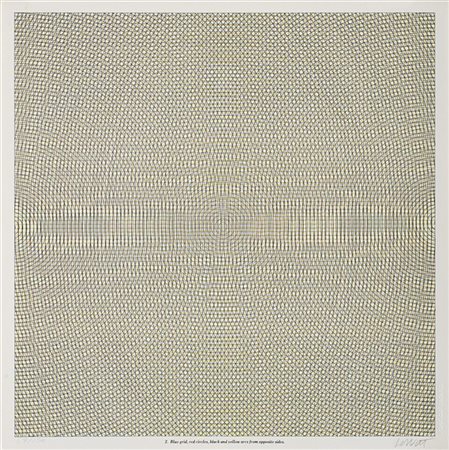 Sol LeWitt "Blue grid, red circles, black and yellow arcs from opposite sides" 1
