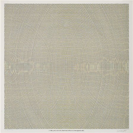 Sol LeWitt "Blue grid, red circles, black and yellow arcs from opposite sides" 1
