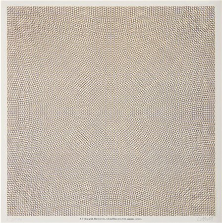 Sol LeWitt "Yellow grid, black circles, red and blue arcs from opposite corners"