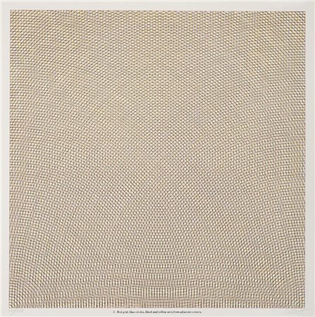 Sol LeWitt "Red grid, blue circles, black and yellow arcs from adjacent corners"