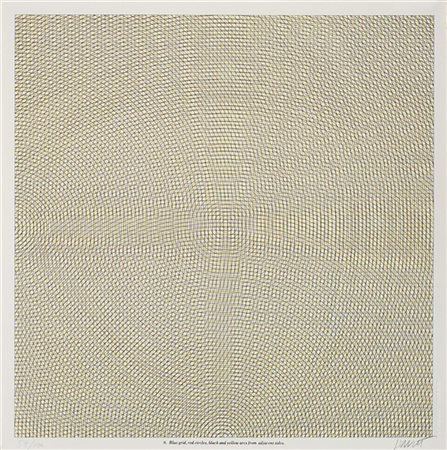 Sol LeWitt "Blue grid, red circles, black and yellow arcs from adjacent sides" 1