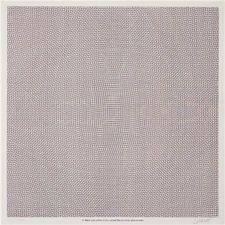 Sol LeWitt "Black grid, yellow circles, red and blue arcs from adjacent sides" 1
