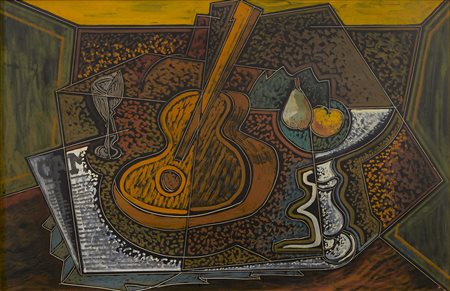 Pippo Oriani , Natura morta con chitarra , Encausto graffito su cartone gessato