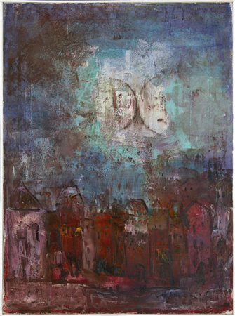 Franco Rognoni , Città con luna , Olio su tela