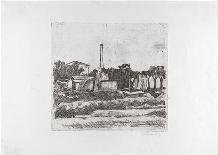 Giorgio Morandi , Paesaggio con la ciminiera (Sobborghi di Bologna) , Acquaforte su zinco