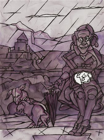 Valerio Adami , Pioggia sul vallese , Acquerello su carta