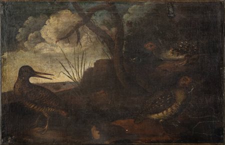 PITTORE ANONIMO<BR>"Paesaggio con quaglie" XVII secolo