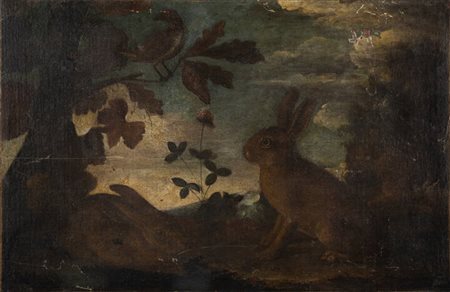 PITTORE ANONIMO<BR>"Paesaggio con lepri" XVII secolo