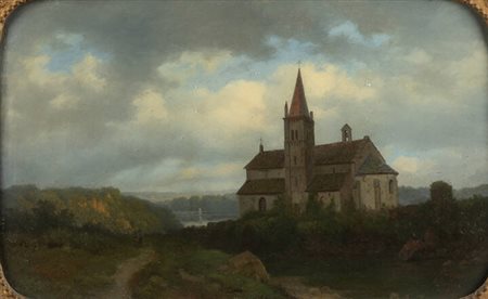 CARLO PIACENZA<BR>Torino 1814 - 1887<BR>"Paesaggio con chiesa"