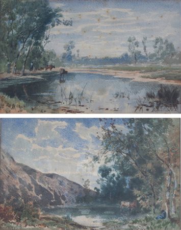 VITTORIO BUSSOLINO<BR>Torino 1853 - 1922<BR>"Coppia di paesaggi"