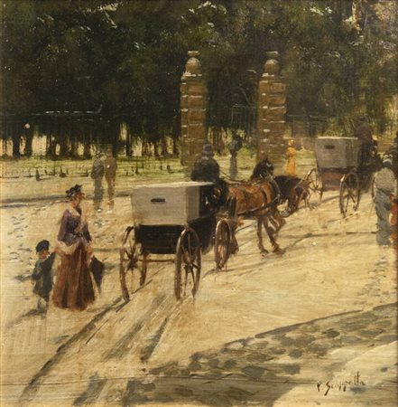 PIETRO SCOPPETTA<BR>Amalfi (SA) 1863 - 1920 Napoli<BR>"Carrozze e figure nel parco innevato"