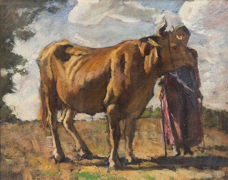 PITTORE NON IDENTIFICATO<BR>"Contadina con mucca"