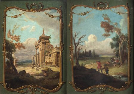 ENRICO GAMBA<BR>Torino 1831 - 1883<BR>a-"Veduta con architettura e figura"<BR>b-"Alla caccia"