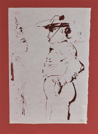 Pablo Picasso PICADOR E RAGAZZA litografia su carta di riso (d'apres), cm...