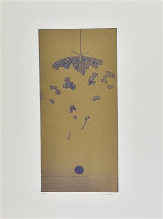 Francesco Casorati FARFALLA APPESA incisione su carta, battuta cm 50x22, su...