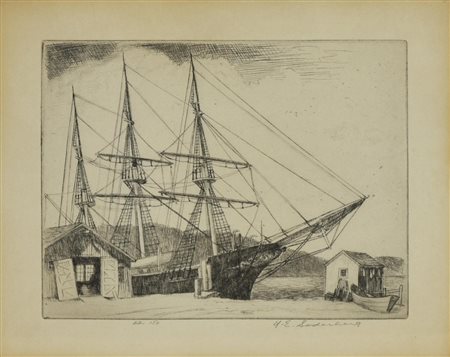 Ignoto VELIERO incisione su carta, cm 13x17, foglio cm 18x22; ed.150 firma e...