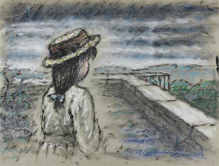 Enrico Allimandi CAPPELLINO DI PAGLIA tecnica mista su carta, cm 50x65 firma...