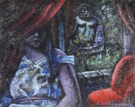 Enrico Allimandi GIOVE E LA FANCIULLA olio su cartone telato, cm 33x41 firma...