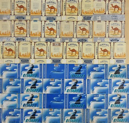 Dando CAMEL - GITANES collage di pacchetti di sigarette su cartoncino, cm 58x64