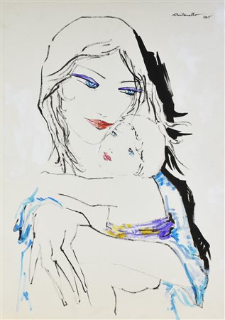 Antonello MATERNITA' tempera e gouache su cartone, cm 70x50 firmato e datato...