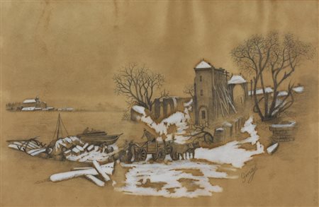 Ignoto PAESAGGIO INVERNALE tecnica mista su carta, cm 30x46 firma L'opera...