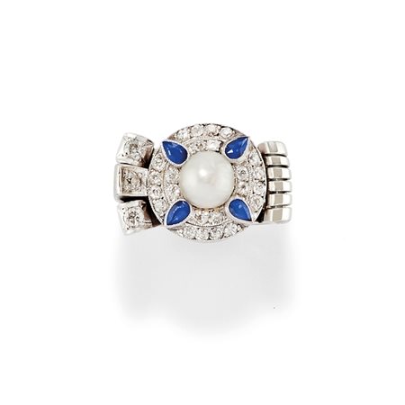 Anello con zaffiri, perla e diamanti, 1940 circa