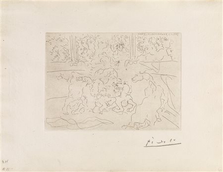 Pablo Picasso - Taureau et chevaux dans l'arène - Firma a matita sul fronte...