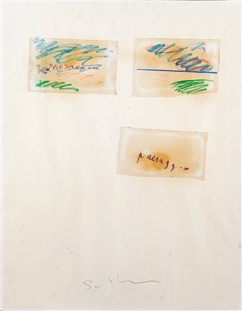 Mario Schifano - Paesaggio - Firma sul fronte in basso - Pastello e collage...