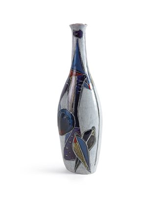 FANTONI MARCELLO - Vaso in maiolica con figure stilizzate. 1950 circa. cm. 35x11