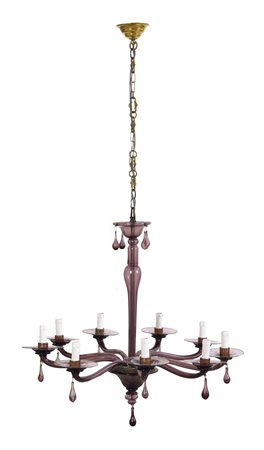 LAMPADARIO - Lampadario a nove bracci. Vetro soffiato di Murano. 1930 ca. H...