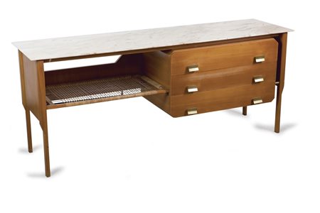 CASSETTONE - Cassettone in legno di Teak, marmo, paglia di Vienna. 1955...
