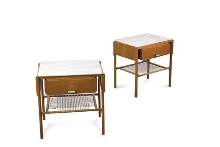 COMODINI - Due comodini in legno di Teak, marmo, paglia di Vienna. 1955...