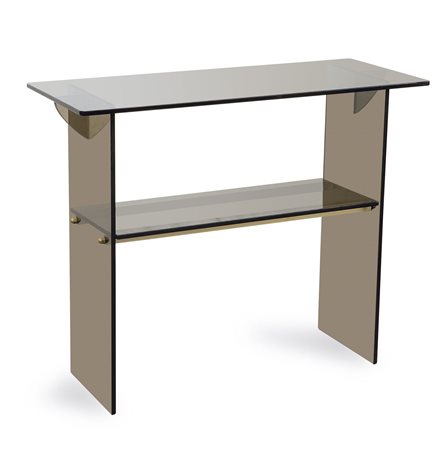 CONSOLE - Console in vetro fumé, tiranti in ottone. cm 82x100x40