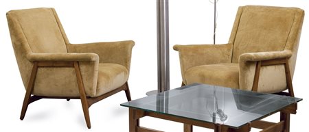 POLTRONE - Coppia di poltrone con struttura in legno di faggio, tinta noce e...