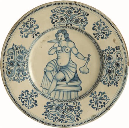 Piatto in maiolica istoriato in monocromo blu, Laterza, bottega A.A....