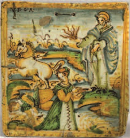 Targa votiva in maiolica policroma, Deruta, XVII secolo, con soggetto...