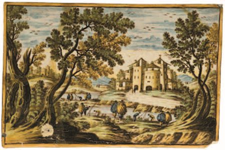 Placca in maiolica policroma, Castelli, XVIII secolo, raffigurante una scena...