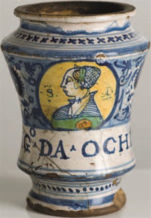 Albarello in maiolica policroma “alla porcellana”, probabilmente Faenza,...