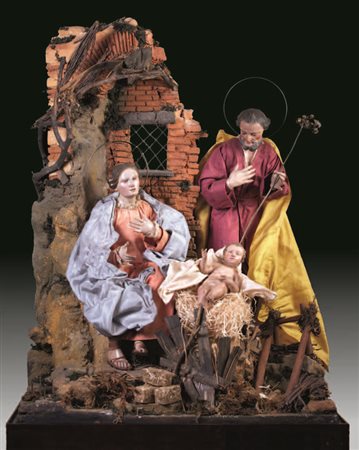 Natività: Vergine, San Giuseppe e Gesù Bambino. La Vergine con veste rosa e...