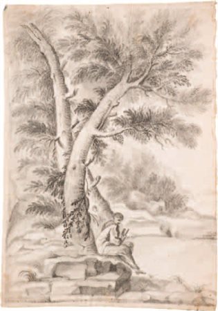 Alessio de Marchis (cerchia) PAESAGGIO CON FIGURA tecnica mista su carta, cm...