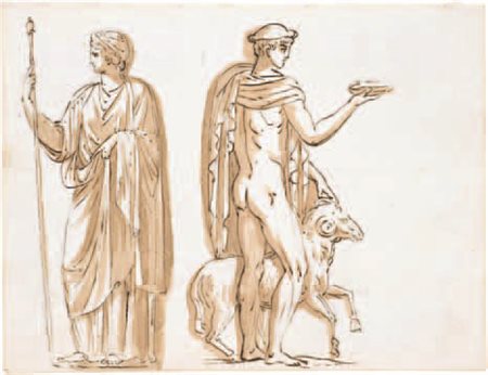 Scuola Neoclassica A) STUDIO DI FIGURE penna, matita e acquerello su carta,...