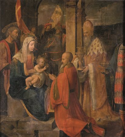 Bernardino Luini (seguace) ADORAZIONE DEI MAGI olio su tela, cm 75,5x68.