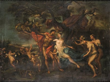 Scuola Romana del XVIII secolo DIANA E ATTEONE olio su tela, cm 86x116.