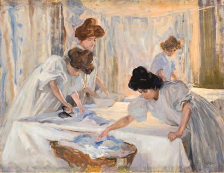 Carlo Cressini Genova 1864 – Milano 1938 LE STIRATRICI olio su tela, cm...