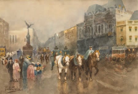 Paolo Sala Milano 1859 – 1924 SCORCIO CITTADINO tempera e acquerello su...