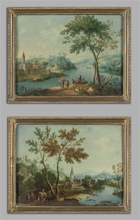 "Paesaggi con figure" coppia di olii su latta, 