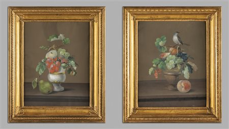 Scuola francese sec.XIX "Vasi con fiori e frutta" 